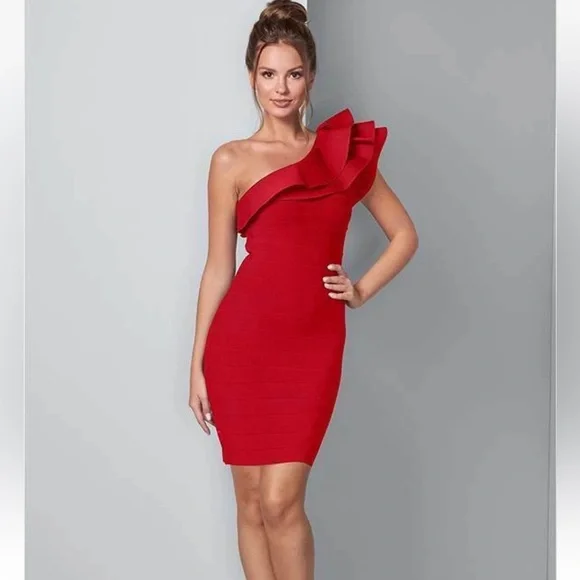 VENUS dramatic‎ Red Ruffle Bandage Bodycon Dress One Shoulder Sleeveless - Picture 3 of 13